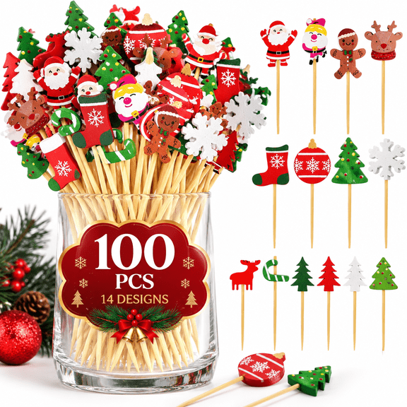 100 Pack Christmas Cocktail Picks, 4.8 Inch Bamboo Food Picks, 14 Festive Designs for Appetizers, Charcuterie, Fruit, Desserts and Drinks