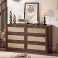thumbnail image 4 of LEYAOYAO 3-Piece Rattan Dresser and Nightstand Set, 48" 6 Drawer Dresser and 2 Two-Drawer Boho Nightstands with Open Shelves for Bedroom, Walnut, 4 of 9