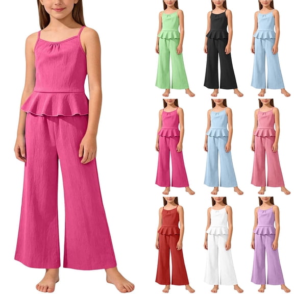 FRSASU Girls 2 Piece Sets Sleeveless Ruffled Hem Pleated Tops and Wide Leg Pants Summer Outfit Clothes for 4-15 Years White