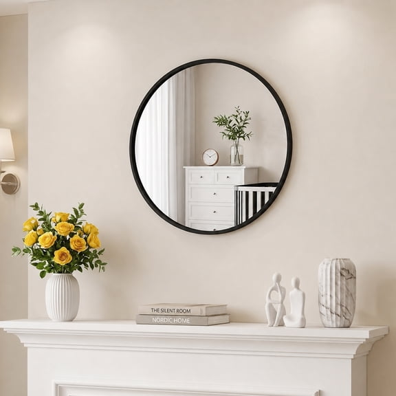 EDX Bathroom Mirror 20" Wall Mirror with Round Metal Frame, Black