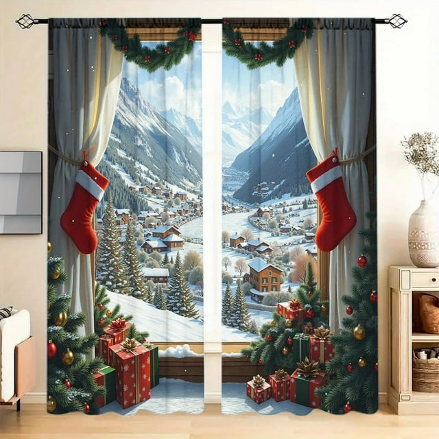 Oliegs Boxbollen Rideaux Imprimés des Fêtes 2 Rideaux Plats 2D Imprimés Rouges de Noël avec Flocons de Neige et Branches pour Chambre Salon Fête des Fêtes Marche