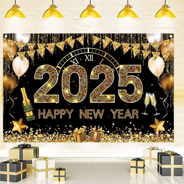 2025 Feliz Año Nuevo Fondo Fuegos Artificiales Brillantes Reloj de Año Nuevo Cuenta Regresiva Fondo de Fotografía Champán