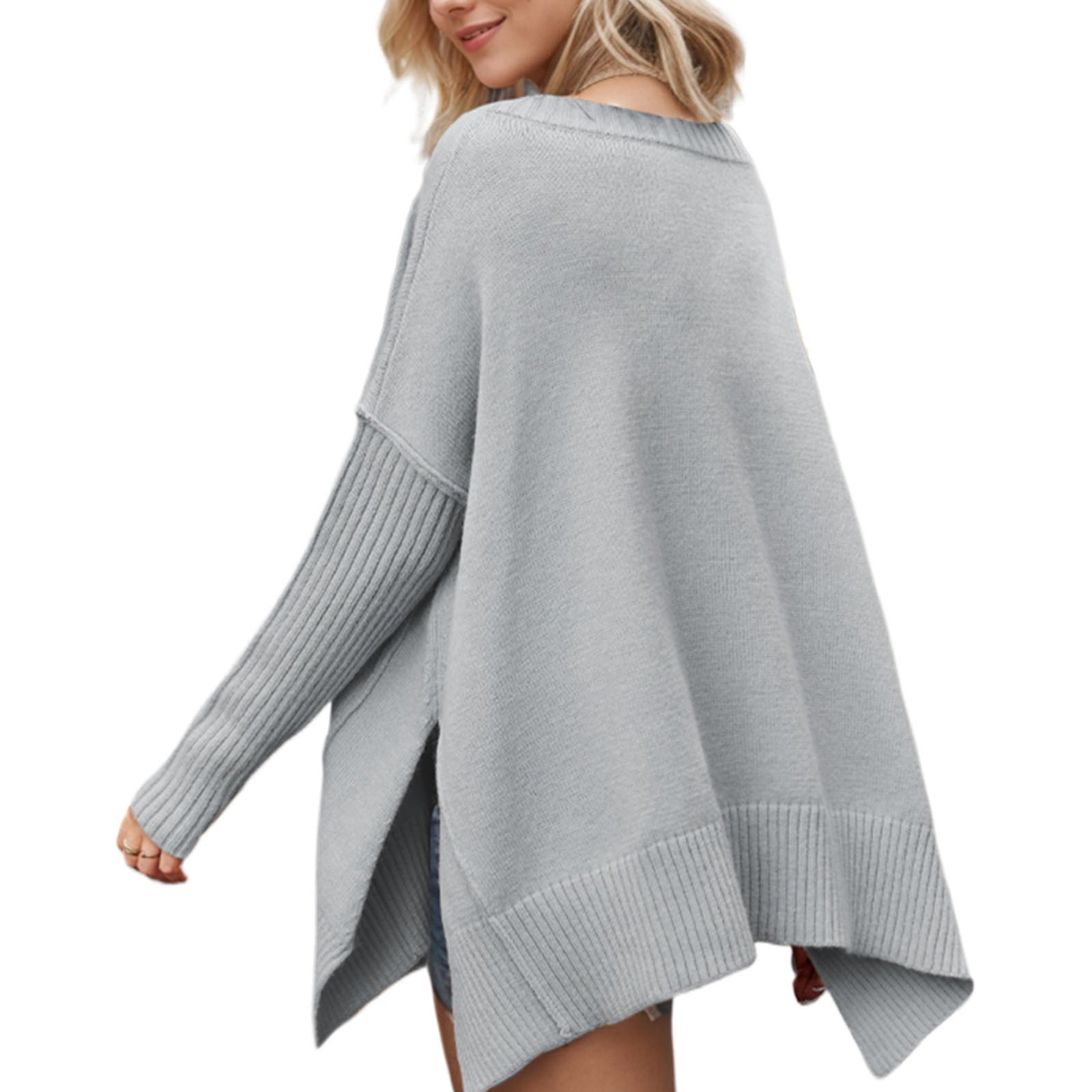 Gufahion Sweaters for Women Long Sleeve V Neck Oversized Knitted Sweaters Side Slit Pullover Womens Tops Fall Fashion Clothing, Gifts for Women