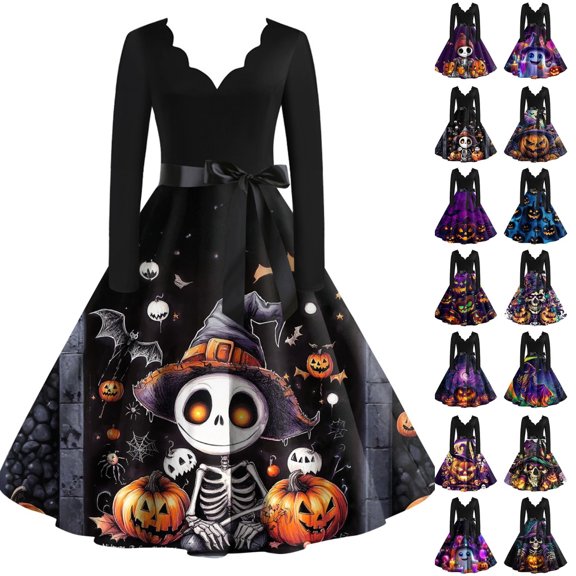 Women's V Neck Long Sleeve Halloween Print A Line Midi Dress with Waist Tie Casual Seasonal Graphic Swing Dress Black L