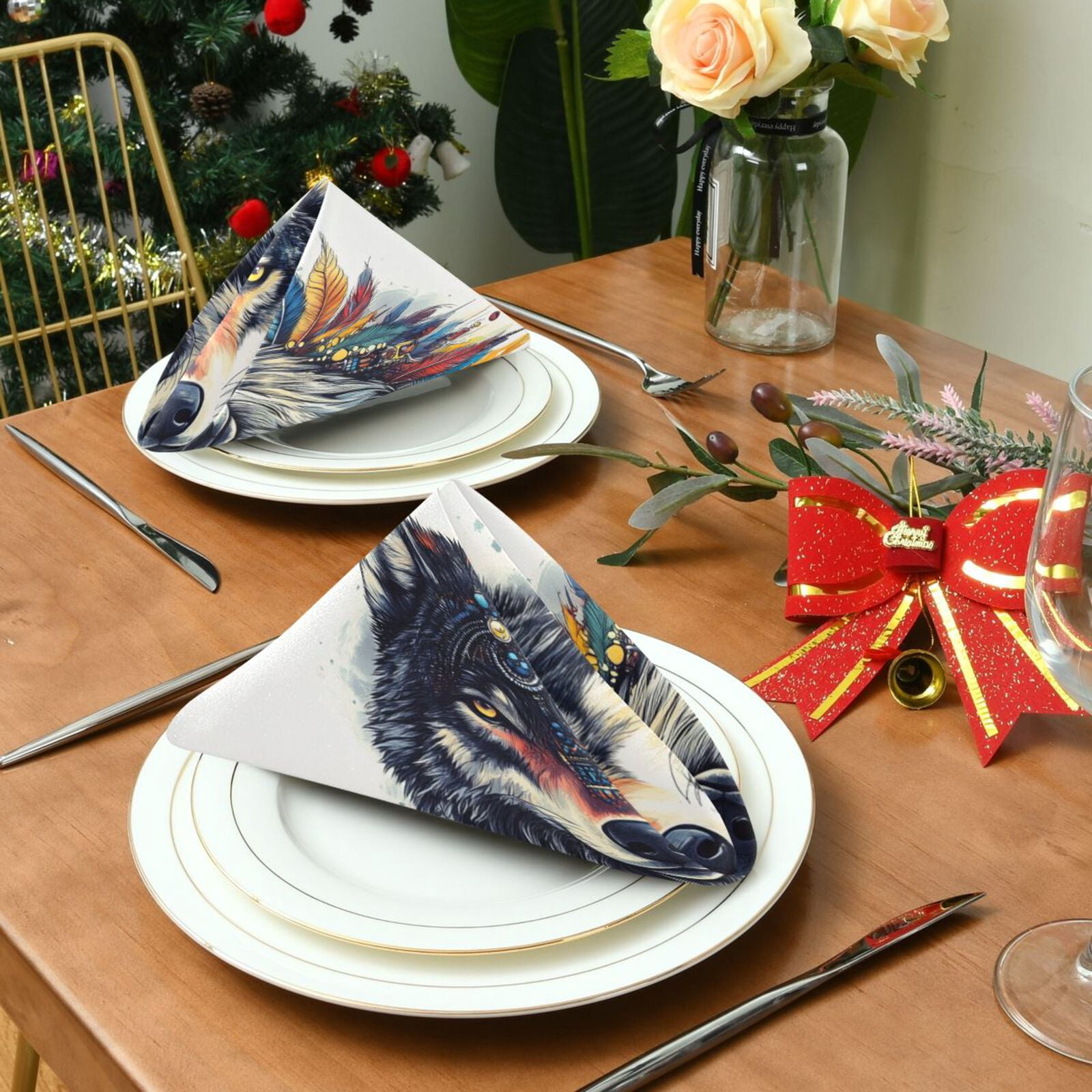 JSTEL Boho Wolf Potrait Cloth Napkins Set of 6, 20x20 Inch Washable and Reusable Napkin for Decoupage Dinner Party Everyday Use