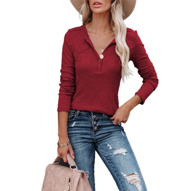 Blusa roja de manga larga con escote en V, diseño de medio botón, corte ajustado, elegancia sencilla, talla L