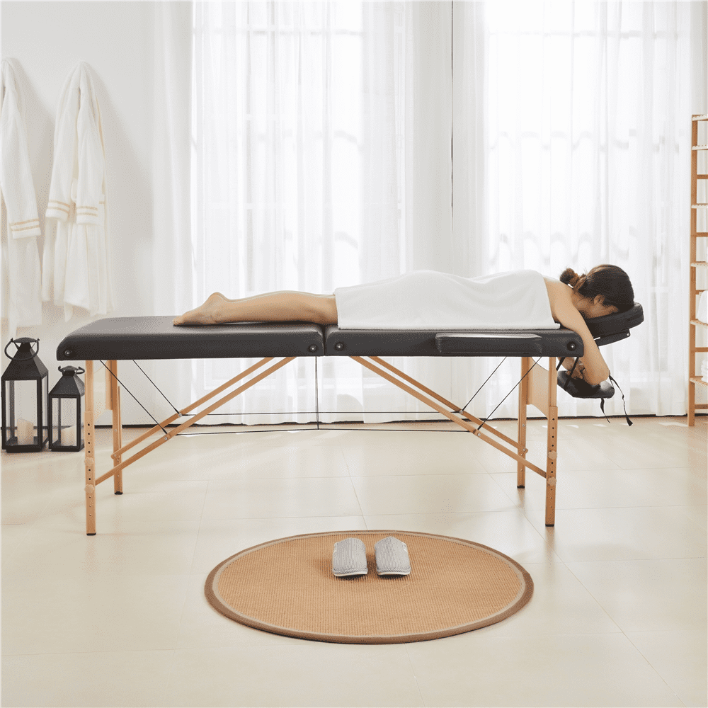 Alden Design 2-Fold Portable Massage Table with Carry Case Bag for Spa Treatments, Black