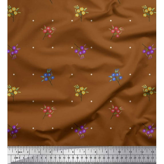 Soimoi Brown Cotton Voile Fabric Dot & Floral Artistic Printed Craft Fabric by the Yard 42 Inch Wide