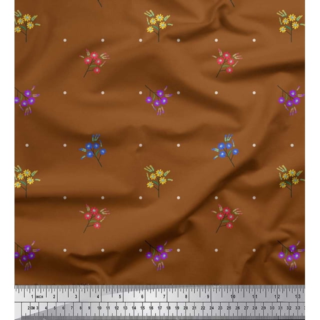 Soimoi Brown Velvet Fabric Dot & Floral Artistic Print Fabric by Yard 58 Inch Wide