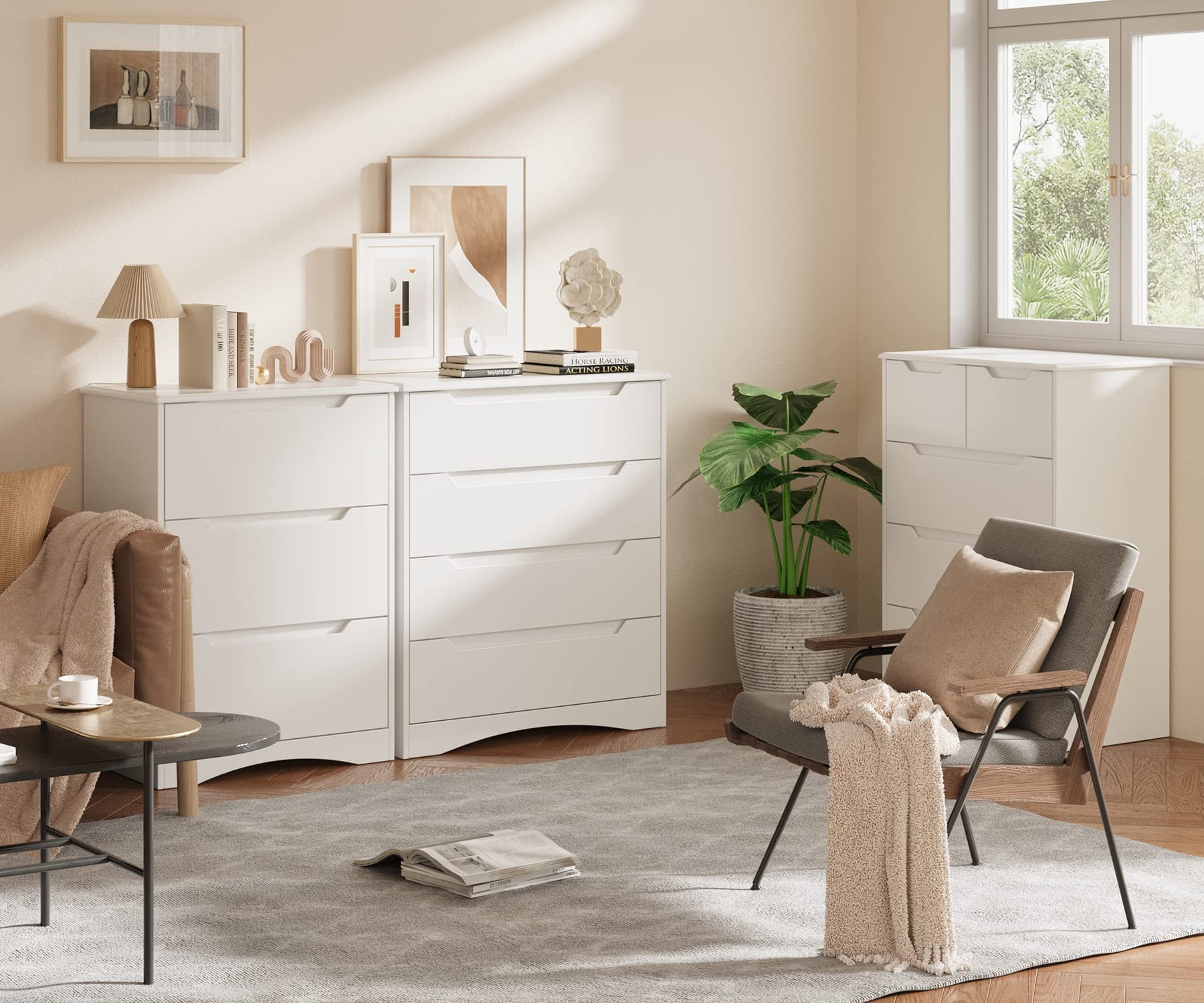 Lofka 3 Drawer Dresser for Bedroom, Chest of Drawers with Large Storage Capacity, Cutout Handles, Deep Drawers, Smooth Metal Rail, White