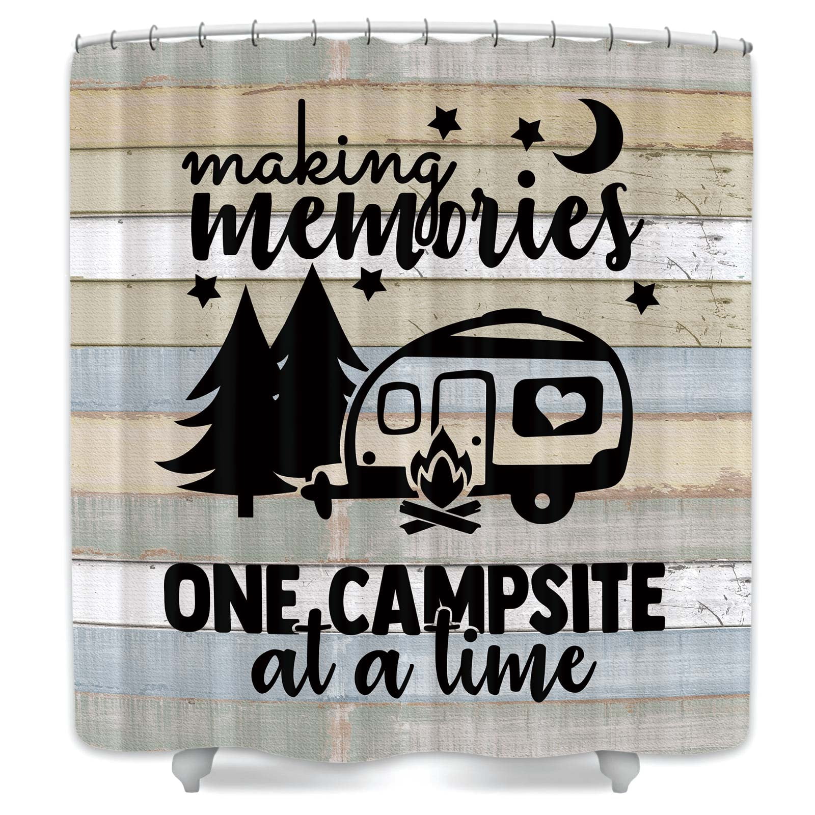 RV Camper Shower Curtain for Travel Trailer Bathroom, Rustic Forest Camping Stall Size Narrow Fabric Shower Curtains Set, Farmhouse Happy Camp Decor Motorhome Accessories,8pcs Hooks, 47X70 IN