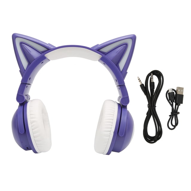 Auriculares Bluetooth con Oreja de Gato Estéreo Lindo Micrófono Incorporado de Alta Sensibilidad Auriculares LED Ajustables para niños con Cable de 3,5 mm Púrpura