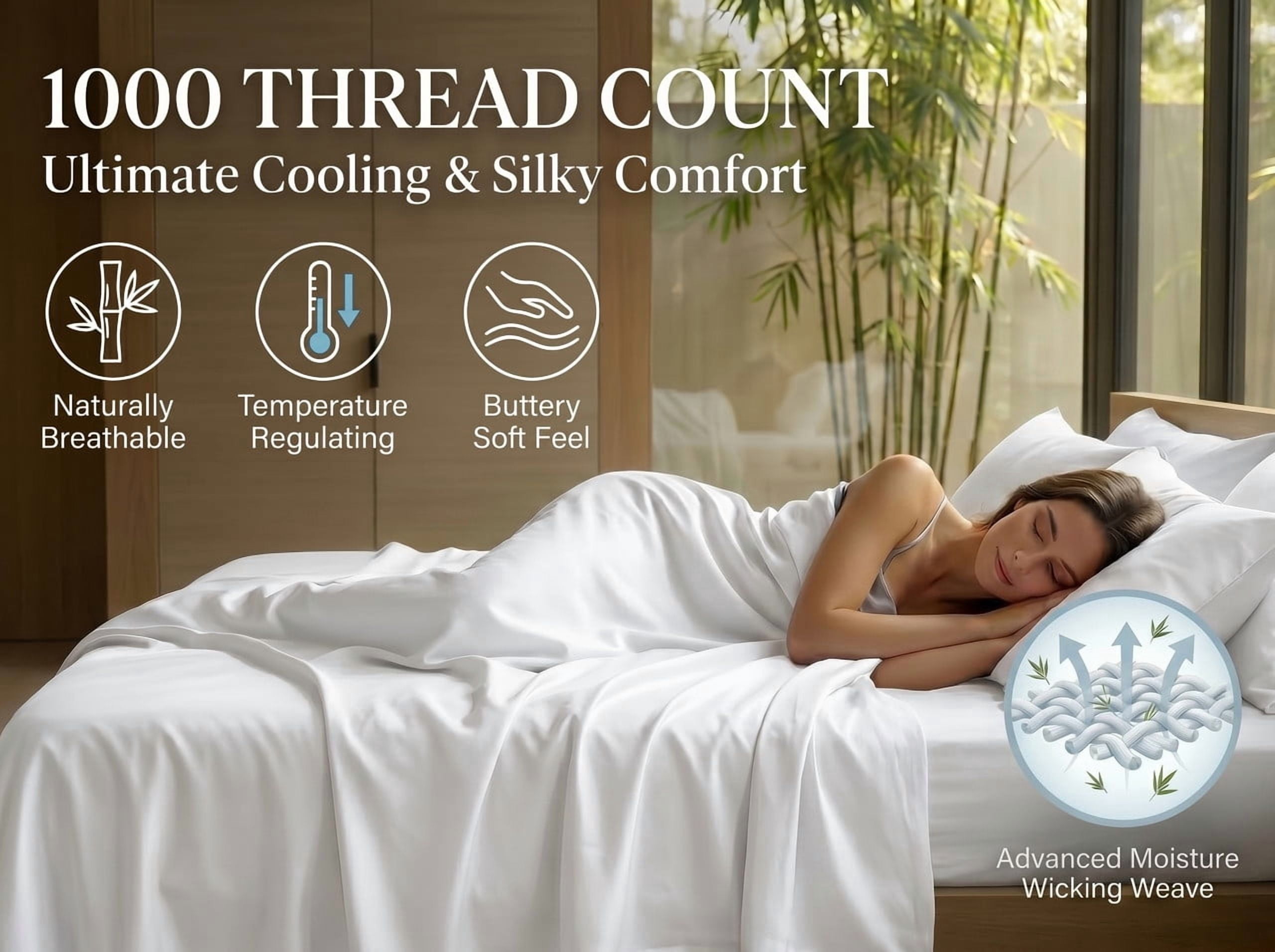 100% Viscose Derived from Bamboo Queen Size Sheets 4-Piece 1000 Thread Count - For Hot Sleeper - Breathable & Cooling, Hotel Luxury - 10" Deep Pocket - White