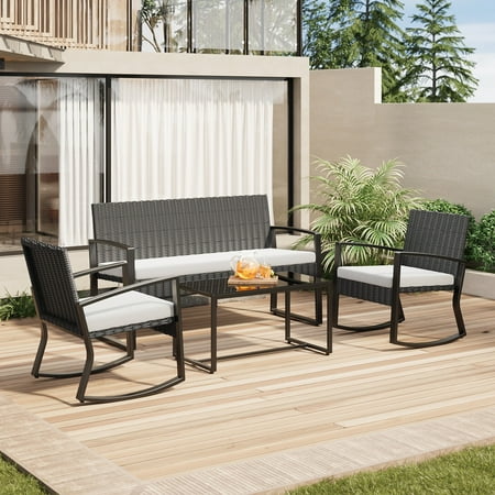 Patio Furniture Set With Glass Table, Asofer 4-Pcs Outdoor Rocking Wicker Bistro Set For Backyard, Poolside, Porch, Grey
