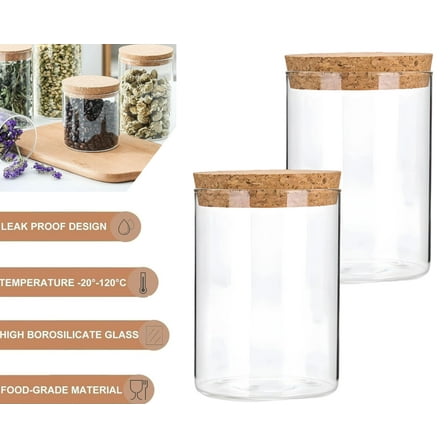 Pantry Organization Containers, 2 Pack 16oz Airtight Glass Jars with Cork Lids for Flour, Sugar, Cereal, Coffee Beans & Tea Storage