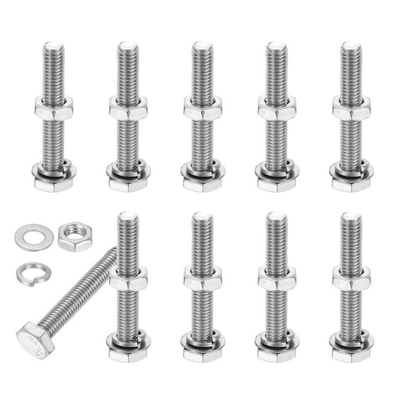 Uxcell M8x50mm Hex Bolt with Nuts Washers, 10 Set Stainless Steel Hex Screw Bolts Full Thread