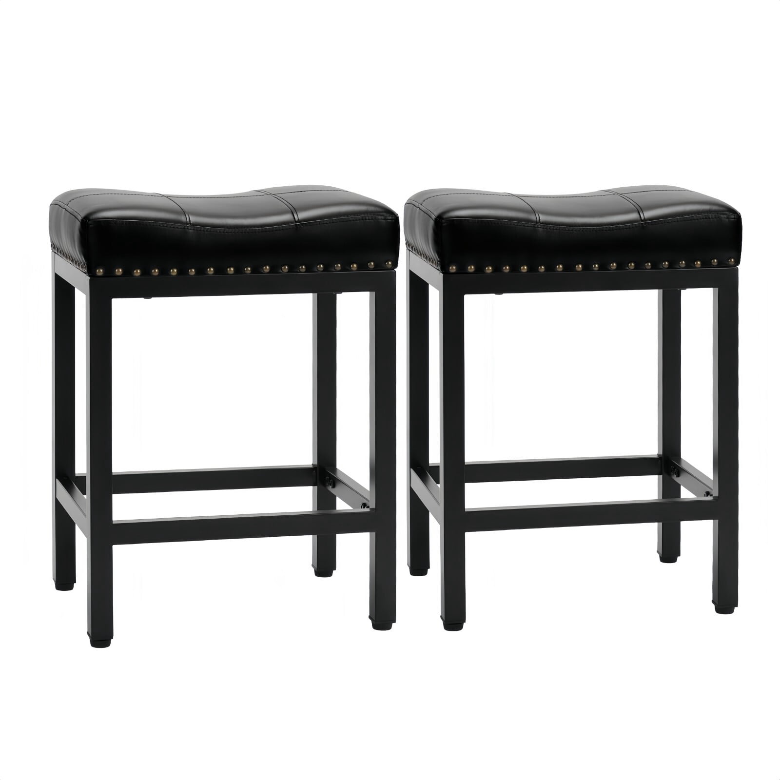 Kelno 24 Inch Saddle Bar Stool Set of 2 PU Leather Counter Stools with Steel Frame and Footrest, Black