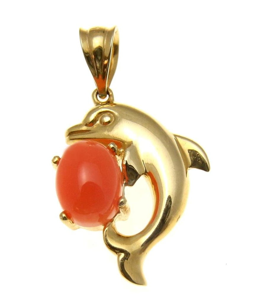 Geniune natural pink coral dolphin pendant set in solid 14k yellow gold 14.50mm by