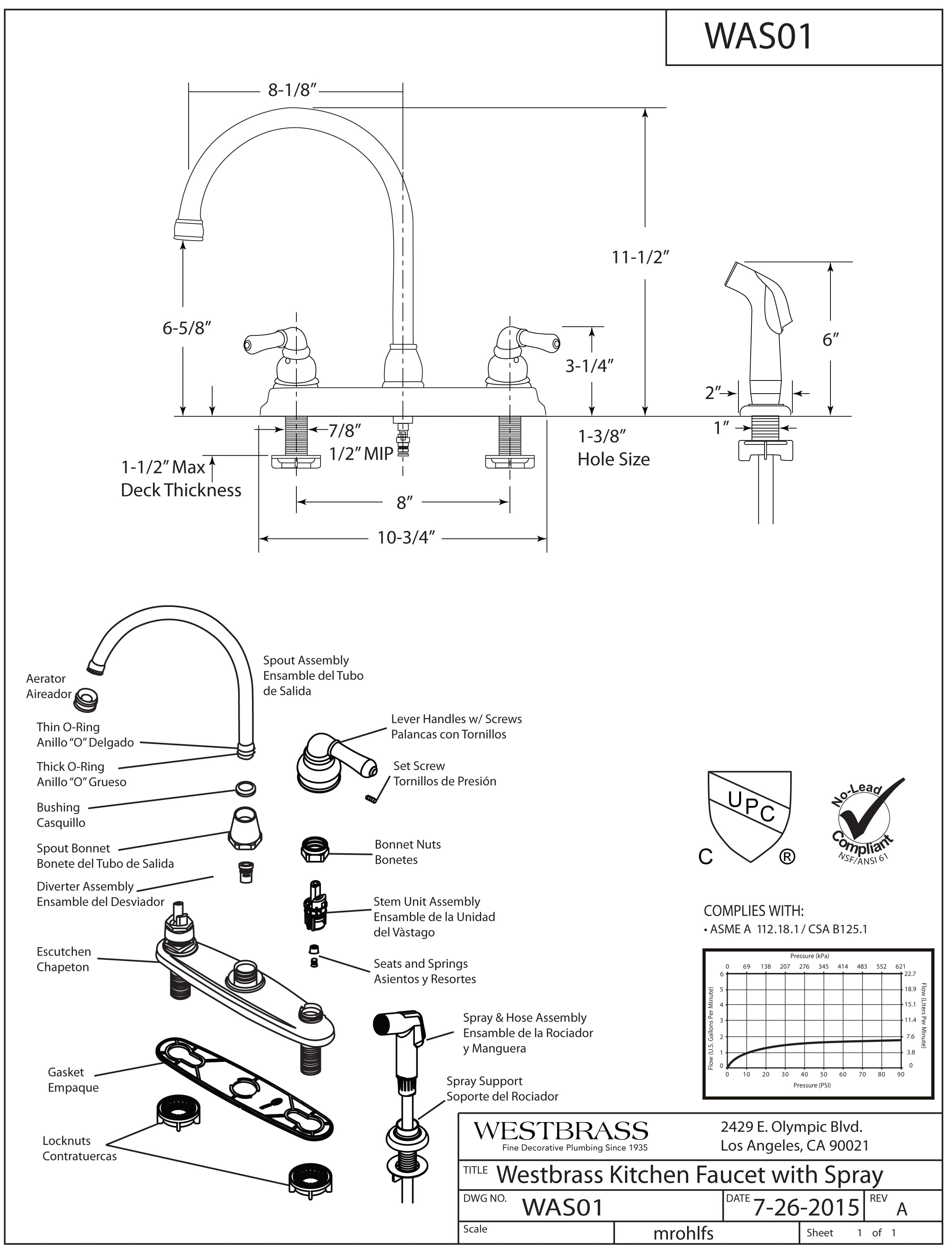 Westbrass WAS01-26 Hi-Arc 2-Handle Kitchen Faucet with Side Sprayer, Polished Chrome