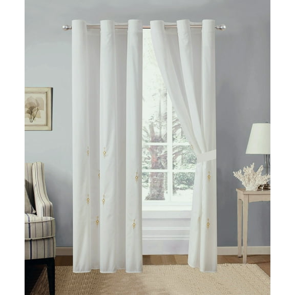 4-Pc Lozenge Diamond Arrow Ornament Embroidery Curtain Set Gold Off-White Sheer Liner Drape
