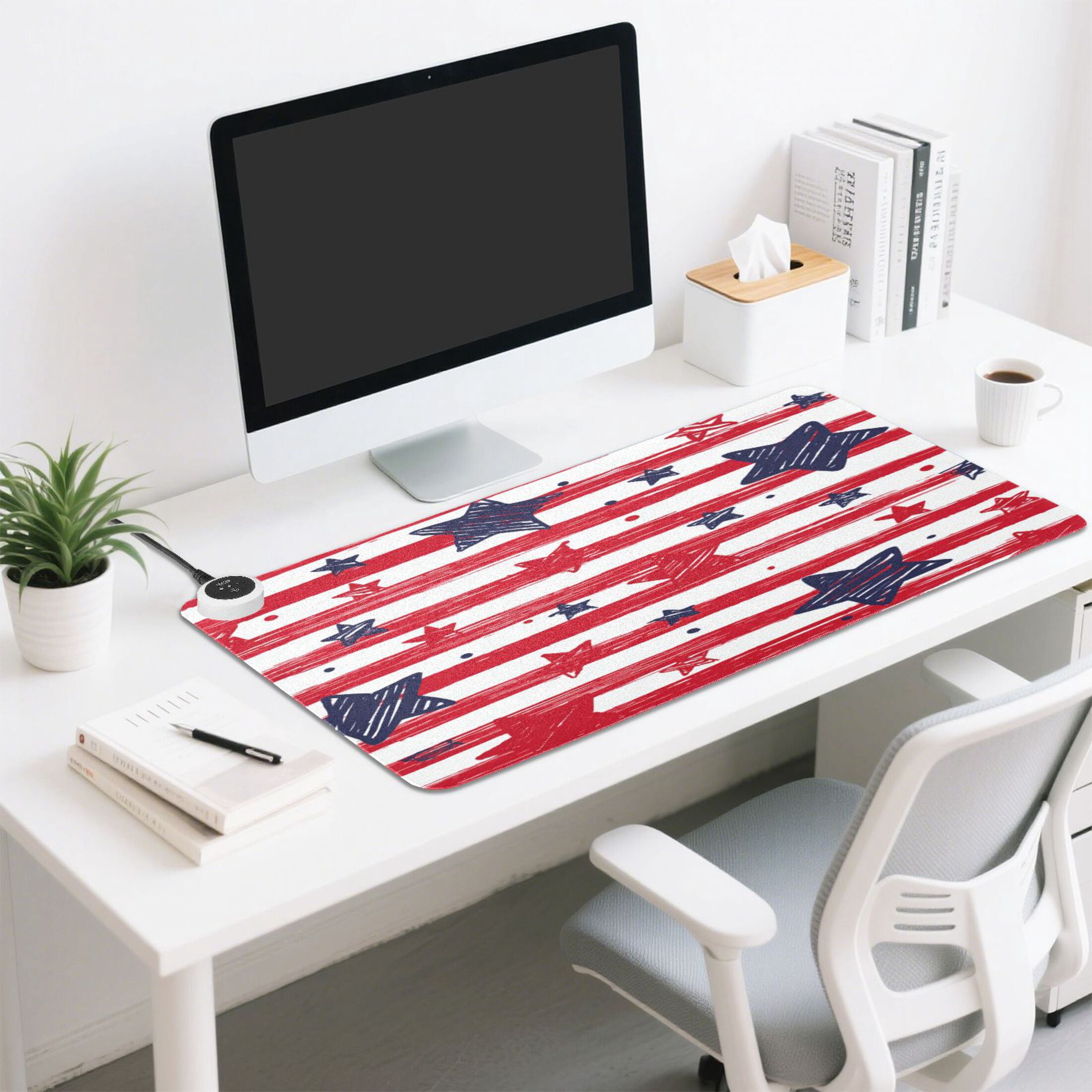 Large Heated Desk Mat Mouse Pad 31.5"x13"PU Leather Graphene Heating Desk Warmer with 3 Temperature Settings 110V US Plug Non-Slip Warm Pad for Home, Office, and Gaming Doodle Star Stripe Seamless