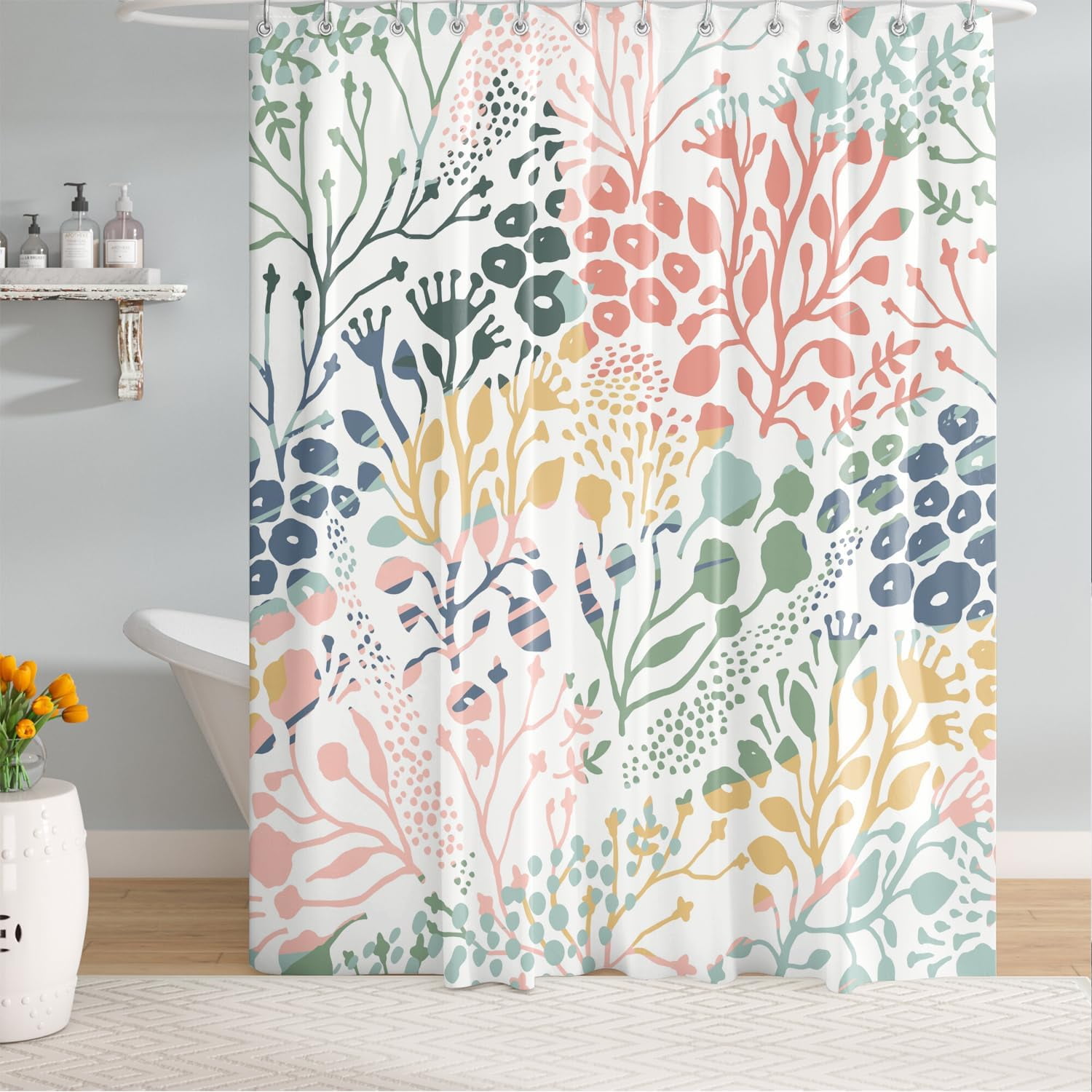 Colorful Abstract Floral Shower Curtain 72 x 72 Inch，Watercolor Flowers Shower Curtain for Bathroom Decor, Wildflower Fabric Shower Curtain with 12 Hooks