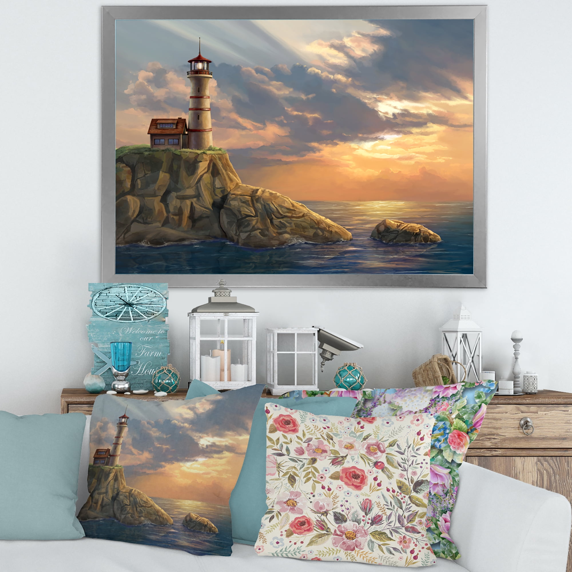 Designart 'Lighthouse On A Rocky Coastal Cliff At Evening Light' Nautical & Coastal Framed Art Print