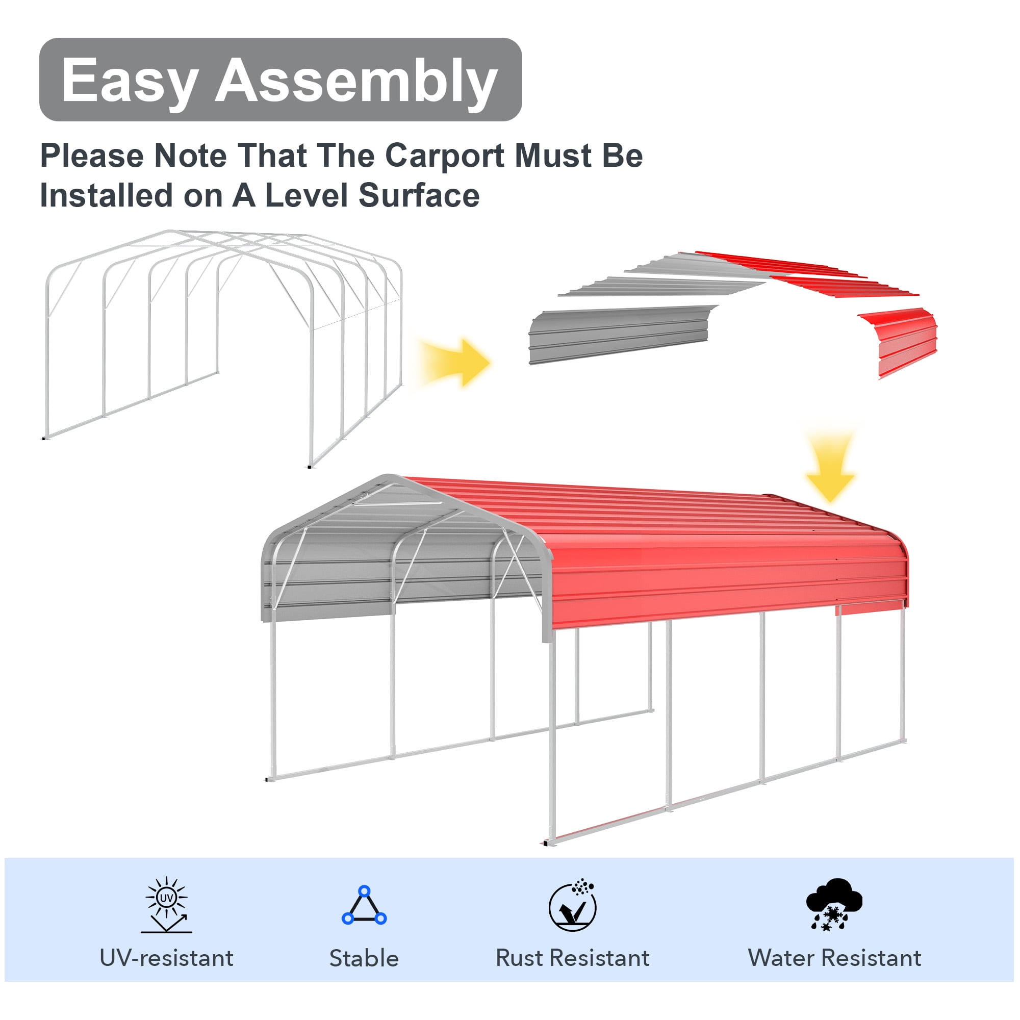 12x20FT Reinforced Metal Carport, Heavy Duty Steel Structure with Support Beams, Spacious Car Shelter for Boats/Tractors, All-Weather Use, Red