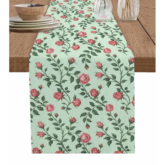 ERUNPONLY Spring Roses Botanical Table Runner - 90 Inch Long Farmhouse Floral Green Cotton and Linen Blended Dress Scarves Farmhouse Table Runner for Kitchen Dining, Coffee Table, 13"x90"