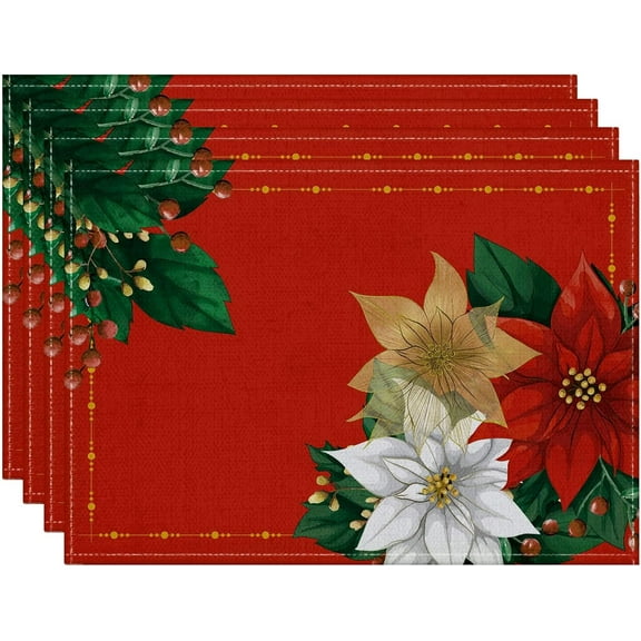 Christmas Poinsettia Placemats Set of 4, 12 x 18 Inch Xmas Winter Red Table Mat Waterproof Washable for Seasonal Holiday Party Dining Decoration