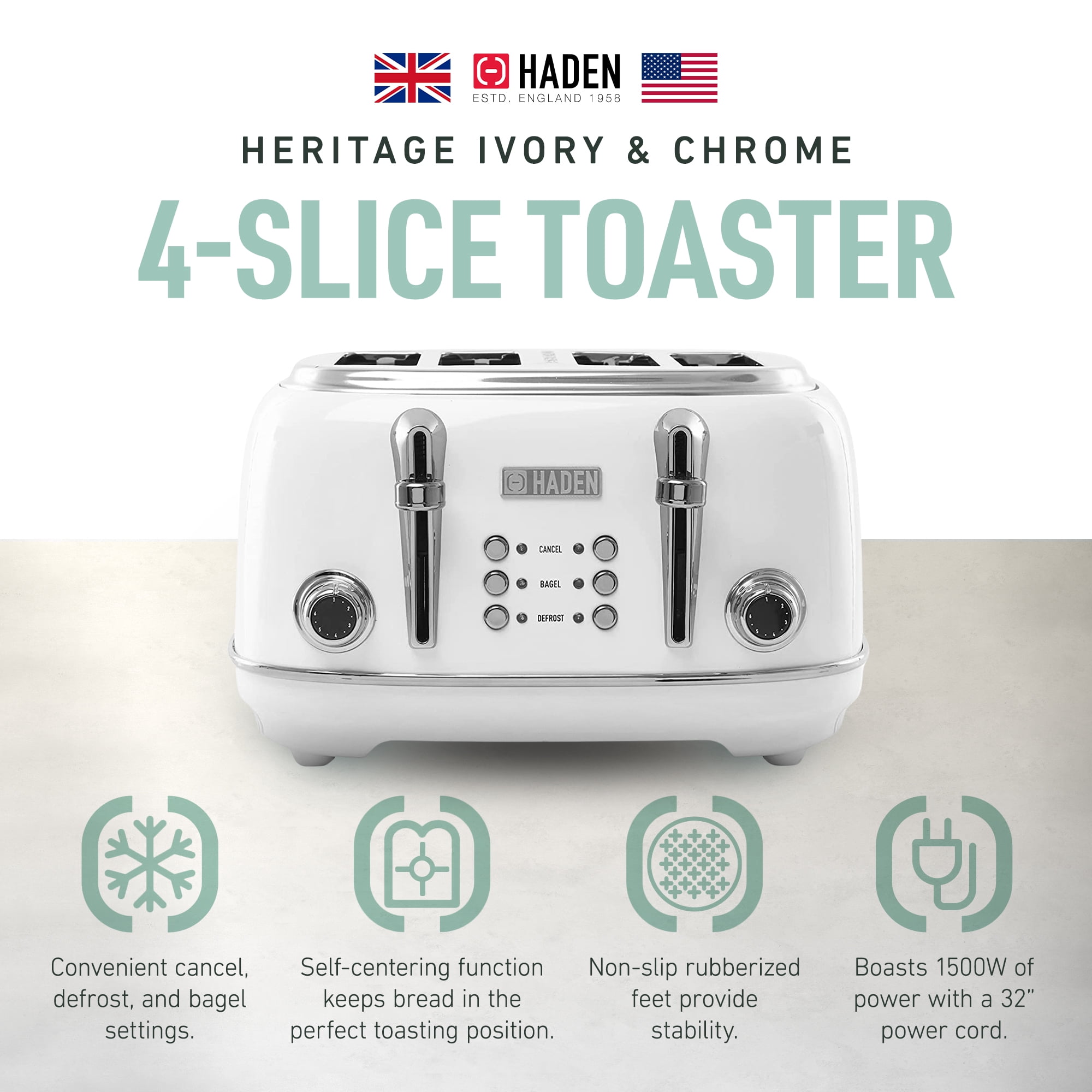 Open Box Haden Heritage 4 Slice Wide Slot Stainless Steel Body Retro Toaster