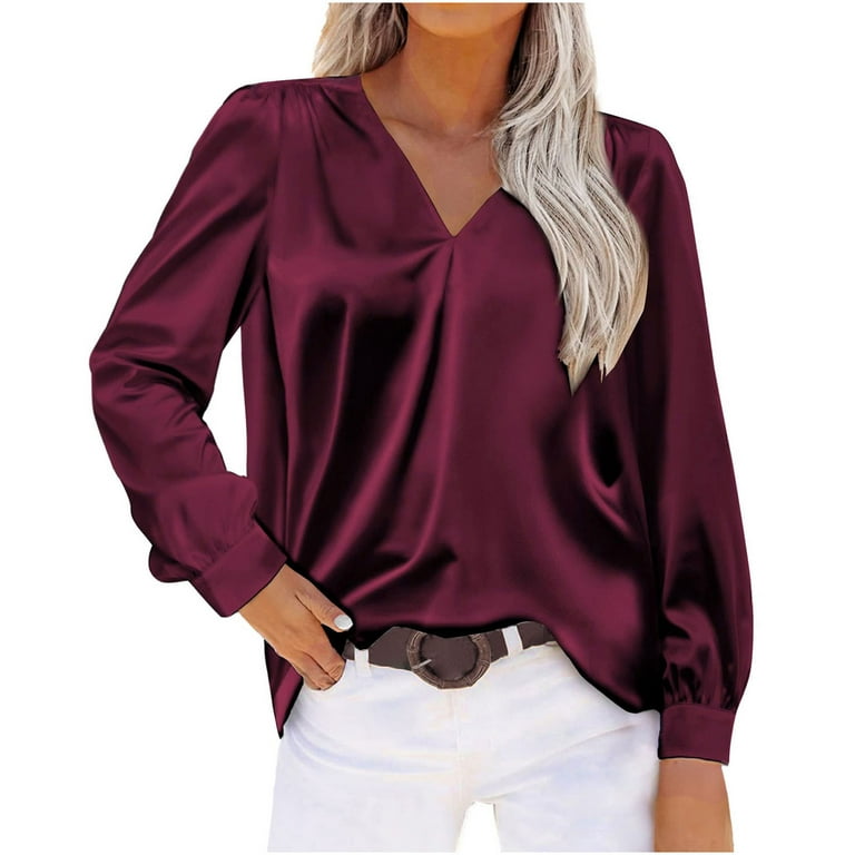 Yyeselk Satin Blouses for Women Silk Shirts Puff Long Sleeve Sexy V-Neck  Silk Tops Elegant Casual Pure Color Office Work Blouse Female Wine XL 