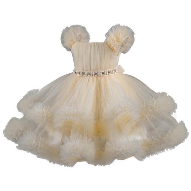 Birthday Party Dress for Girls, Short Sleeve Round Neck Ruffled Lace Embroidery Mesh Princess Bow Skirt in Light Blue, Size 90