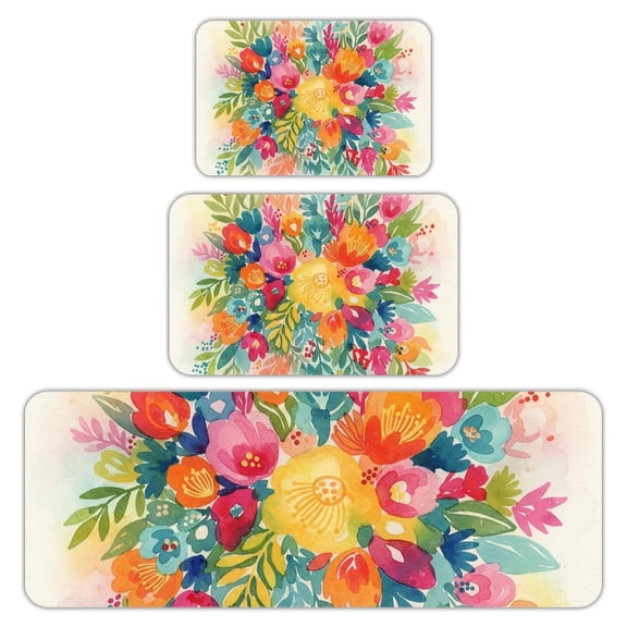 RKSupls Kitchen Rug Set 3 Piece Anti-Slip Flannel Floor Mats, Flower Washable Absorbent Runner Mats for Kitchen Bathroom Home Decor