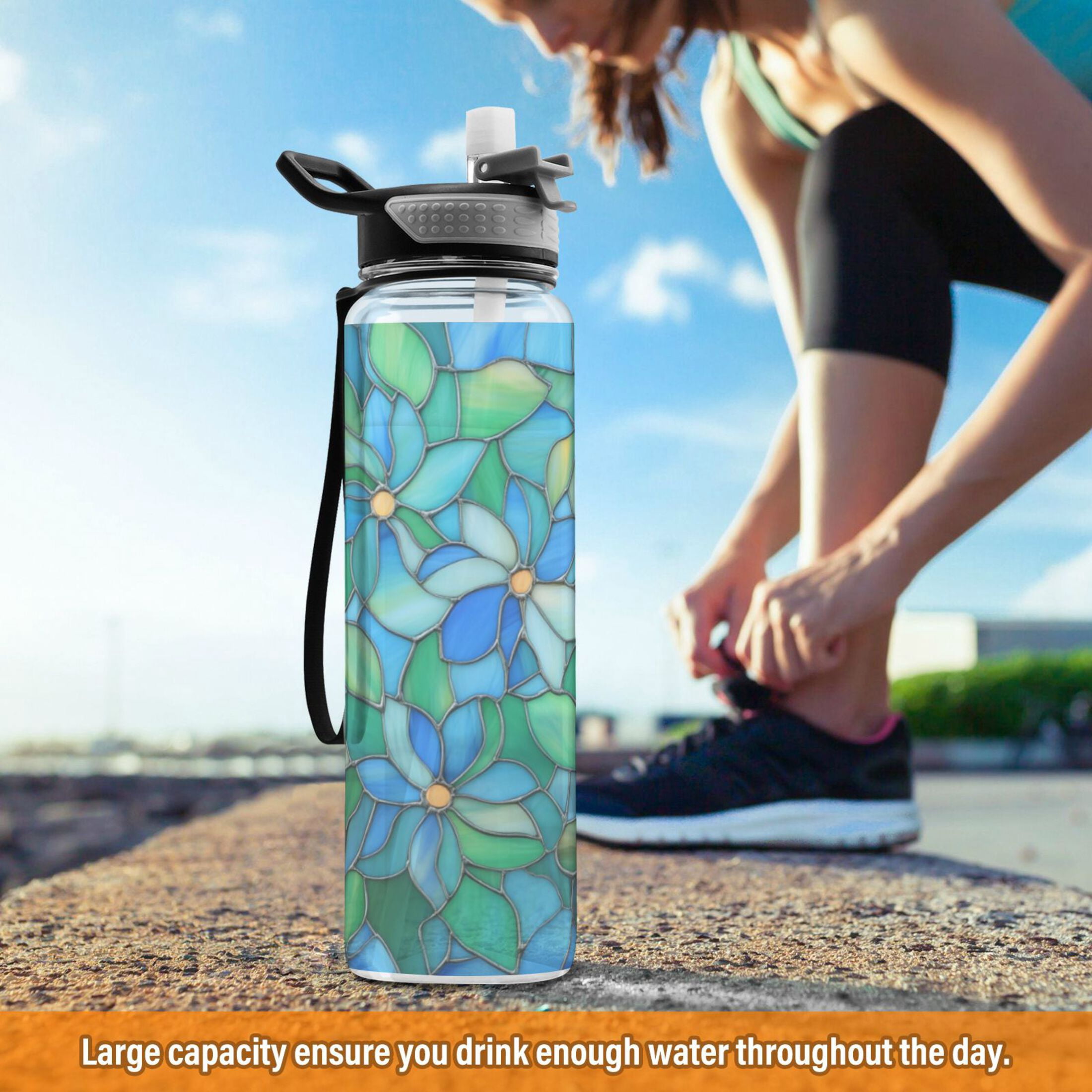 Qxltty Light Blue Green Glass Water Bottle 32 oz with Straw BPA Free Reusable Fitness Sport Bottle Perfect for Travel School Outdoors and Gym
