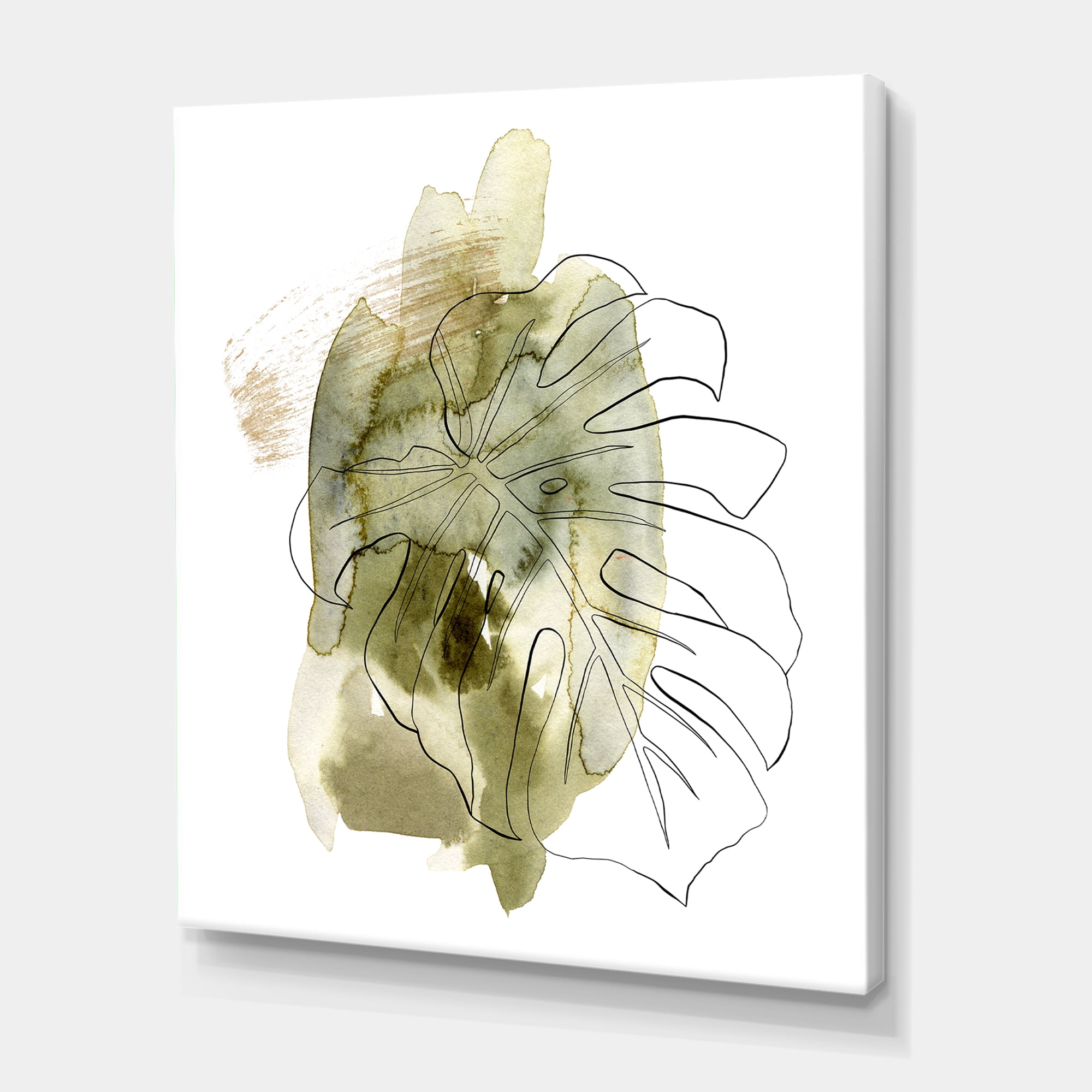 Designart ' Line Art Monstera Branch Tropical Abstract Leaves on Green ' Traditional Canvas Wall Art Print