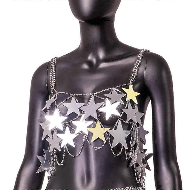 Women Sparkly Acrylic Star Sequins Crop Top Camisole Sexy Hollow Out Body Chain Jewelry Cover Up Vests Festival Outfit Silver
