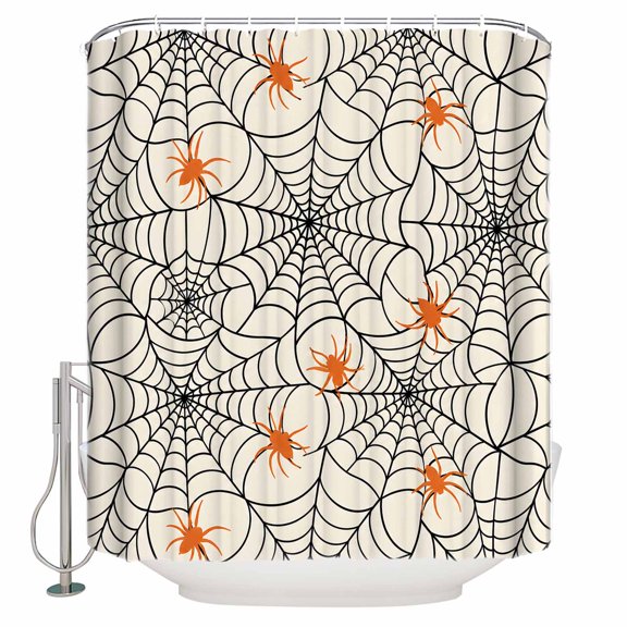 Halloween Bathroom Shower Curtains with 12 Hooks Polyester Waterproof Shower Curtain for Stalls and Bathtubs Orange Black Net Classic Spiders Gingham Decorative Bathroom Privacy Curtain 72x96 Inches
