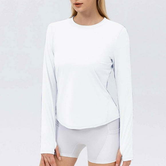 Pisexur Sun Protection Clothing Women,UPF 50 Long Sleeve Shirt Women Winter Fall Casual Long Sleeve Round-Neck Sports Exercise Yoga Gym White,2XL