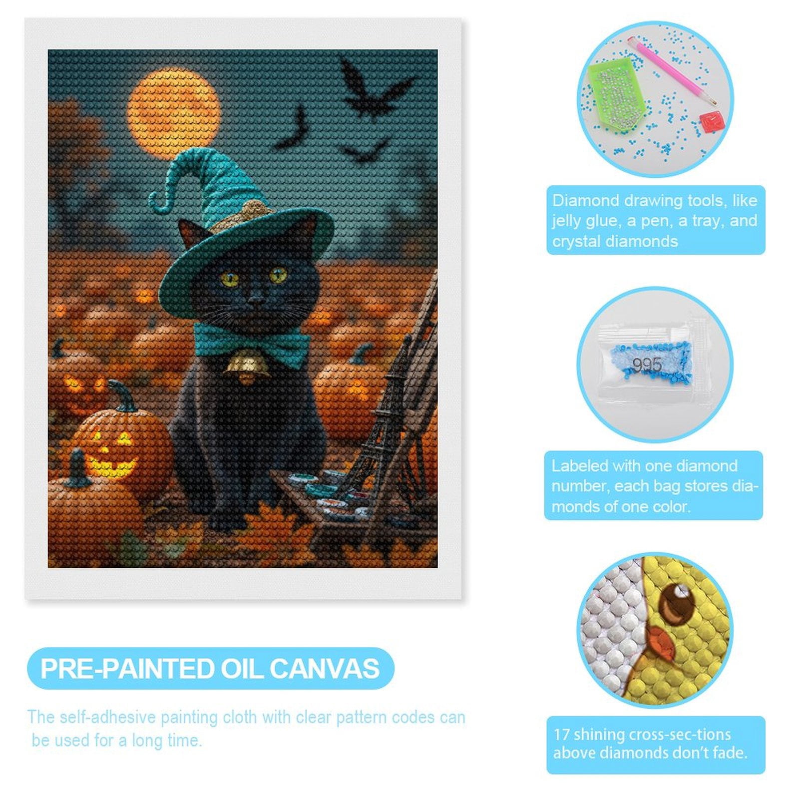 Diamond Art Kits for Adults, Halloween Cat Pumpkins Moonlit Night 5D Diamond Painting Kits for Adults Beginners, DIY Full Drill Diamond Painting, Gem Art and Crafts 12x16