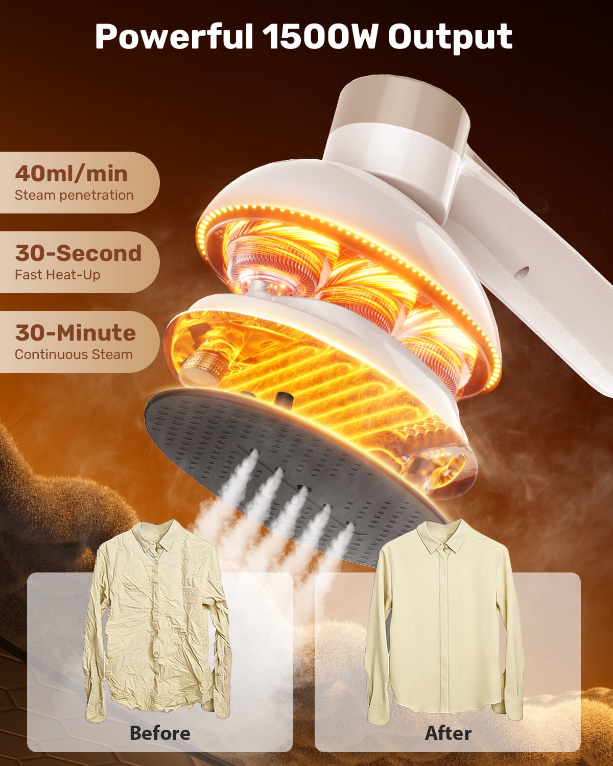 2-In-1 Portable Steam Iron with Hanging Hook, 9 Levels, 30s Quick Heating, 400ml Detachable Water Tank, Dual Protection, 1450W Handheld Garment Iron for Home and Travel