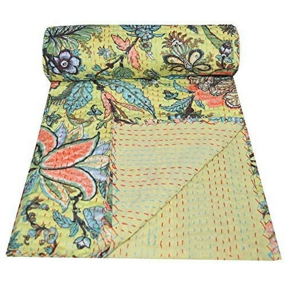 Yuvancrafts Indian Handmade Kantha Quilt Hand Block Floral Print Twin Size Kantha Bedspread Throw Quilt Blanket