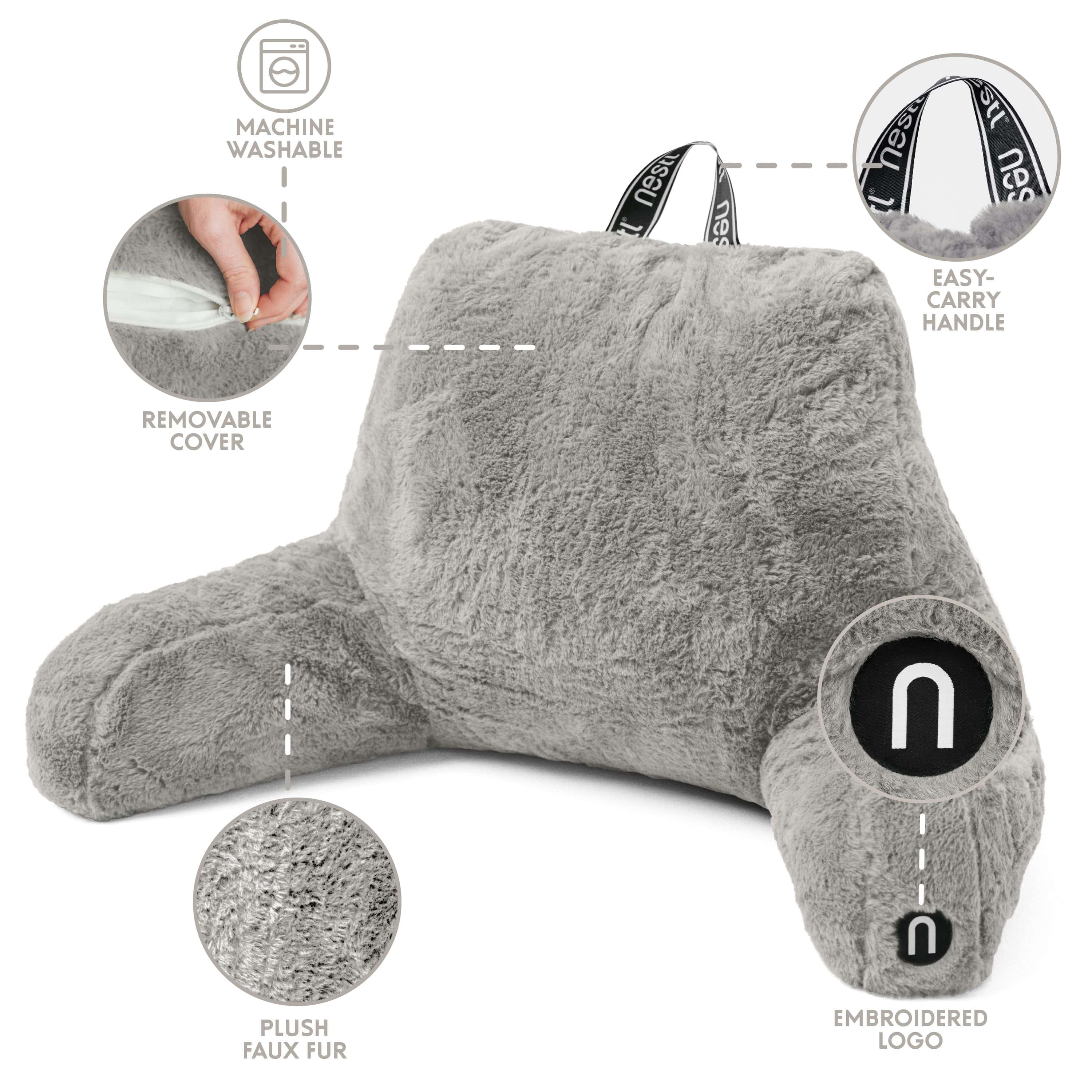 Nestl Reading Pillow, Backrest Pillows with Arms, Plush Faux Fur Back Pillow,&nbsp;Shredded Memory Foam Bed Rest Pillow, Gray
