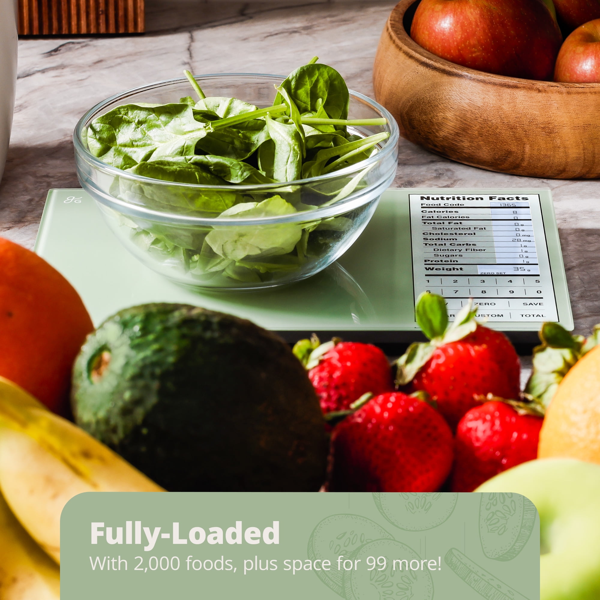 Greater Goods Nutrition Scale, Food Grade Glass, Calorie Counting Scale, Meal Prep Scale, and Weight Loss Scale, Designed in St. Louis, Sage Green