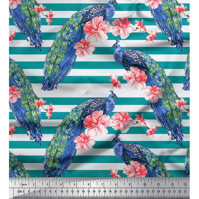 Soimoi Rayon Fabric Stripe,Floral & Peacock Bird Decor Fabric Printed Yard 56 Inch Wide
