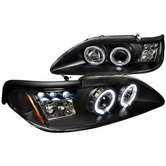 Dual LED Halo Projector Headlight In Black Housing Clear Lens Made For And Compatible With 1994 - 1998 Ford Mustang 94 95 96 97 98