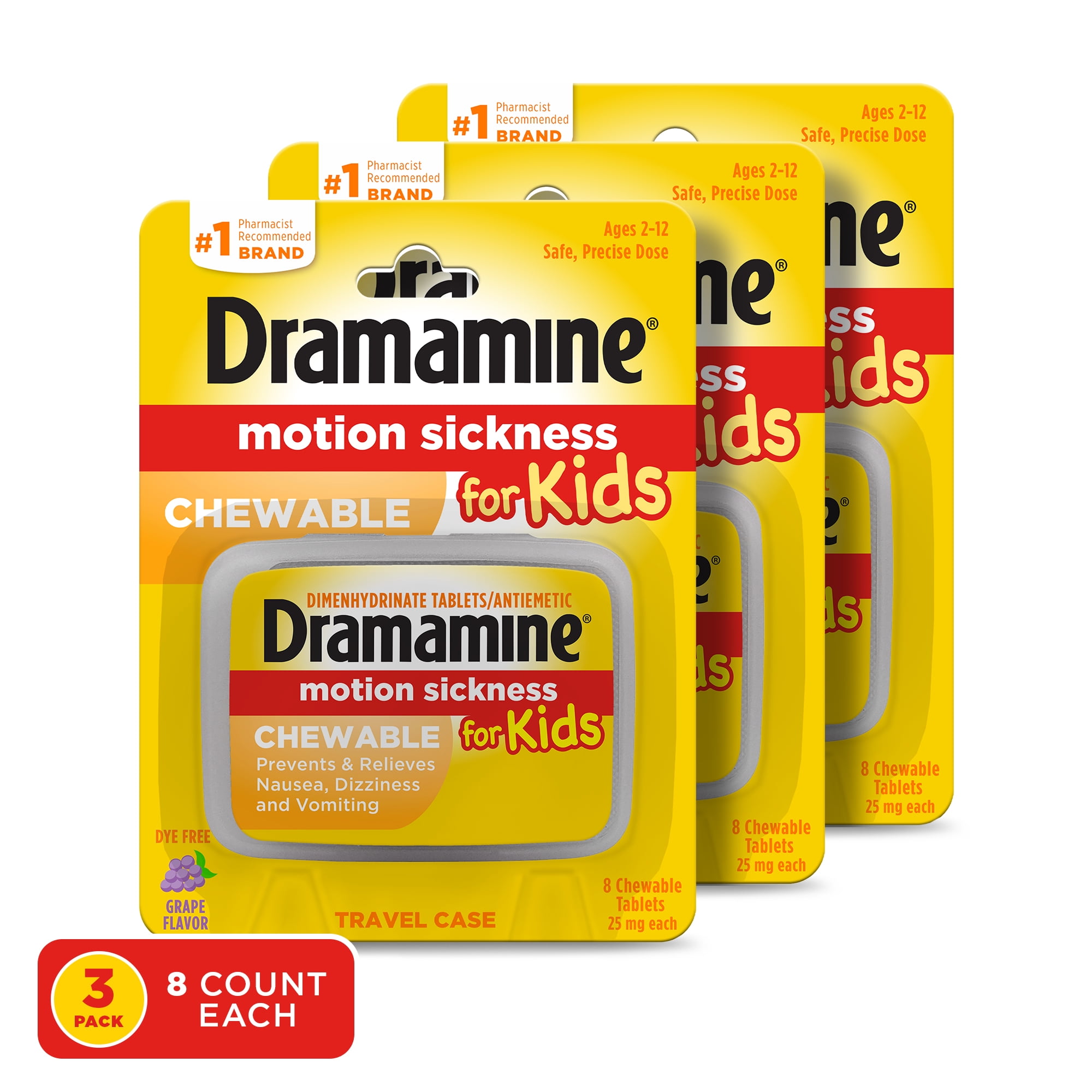 Dramamine Motion Sickness for Kids, Chewable, Dye Free, Grape flavored