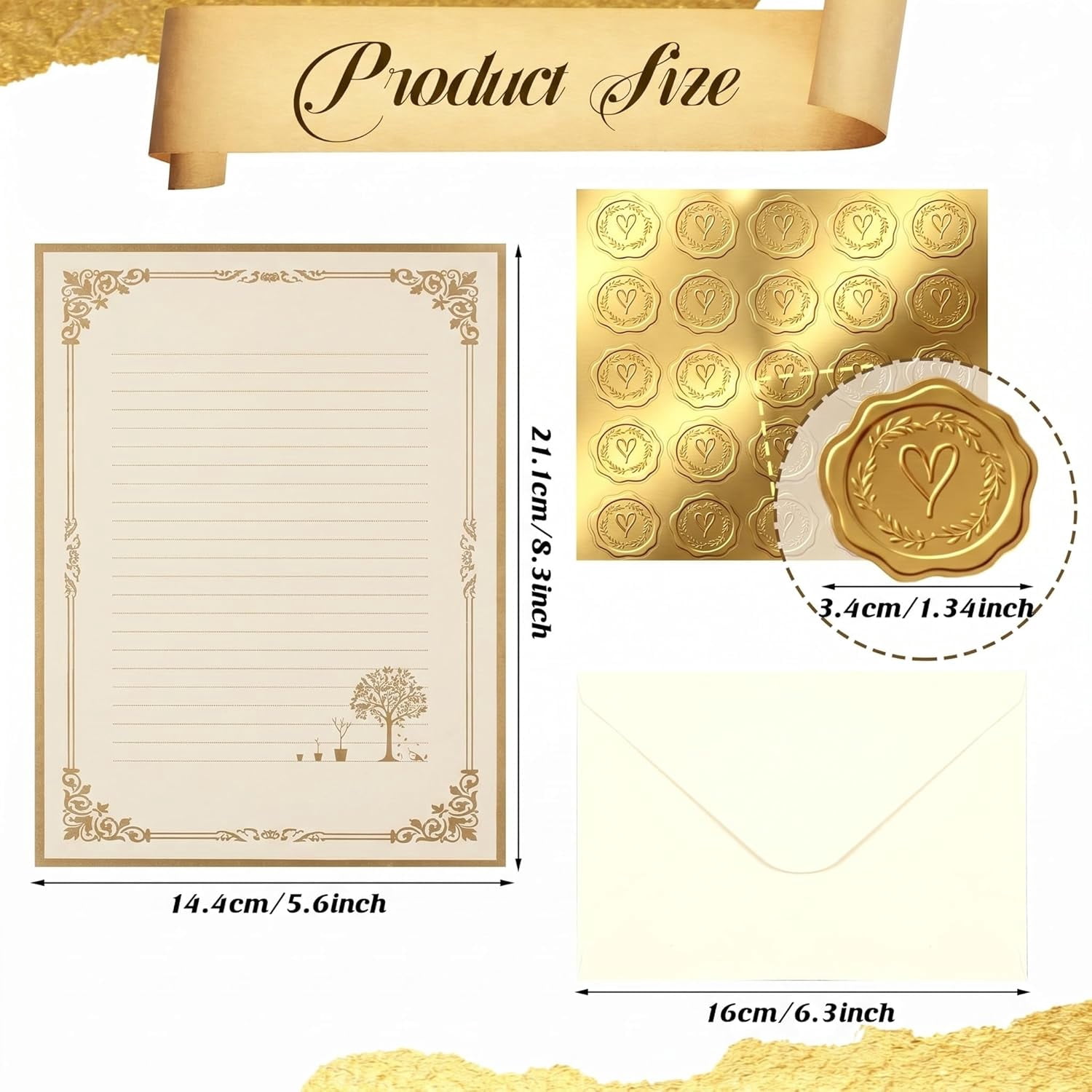 203 Pcs Vintage Stationary Paper and Envelopes Set 100 Lined Writing Letter Kit with Retro Accessories Pendant Sticker Rope for Printing Invitation(Gold Border Style)