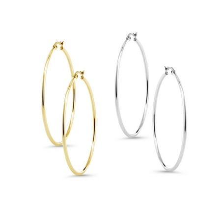 14k Stainless Steel Earrings - Stunning Stainless Steel Hoop Set of Two Earrings (50mm Diameter) Two-Pair Set