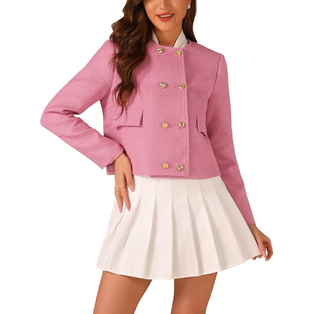 Chaqueta de cuello redondo INSPIRE CHIC para mujer, de tweed, de doble botonadura, de manga larga, casual, talla XL, color rosa